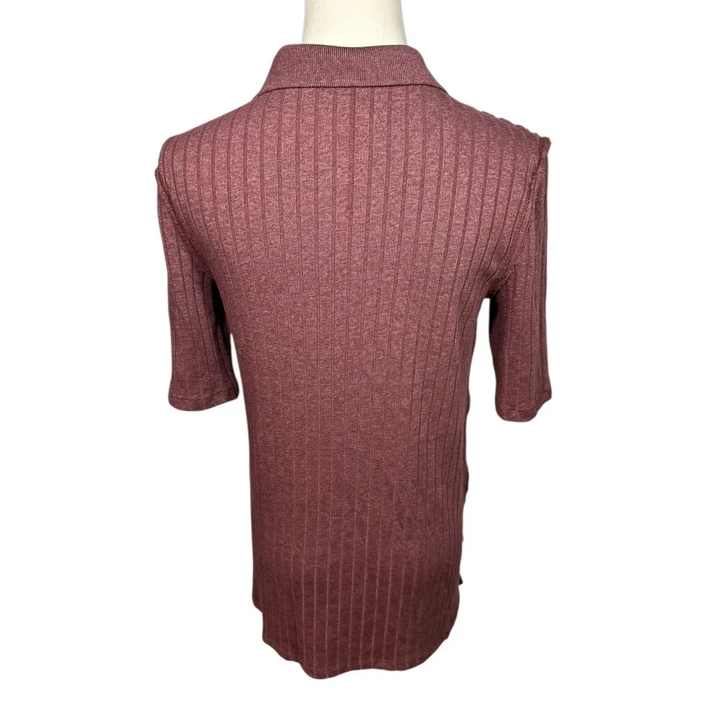 Free People Heart Strings Brown‎ Polo Ribbed Knit Shirt Top XS Old Money Preppy
